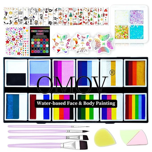 Face Painting Kit for Kids & Adults, Non-Toxic Water Based Face Paint Palette with12 Rainbow Split Cakes +4 Sequins Gels, Includes Brush, Stencils, Gem Sponge & Glow Stickers Halloween Body Paint