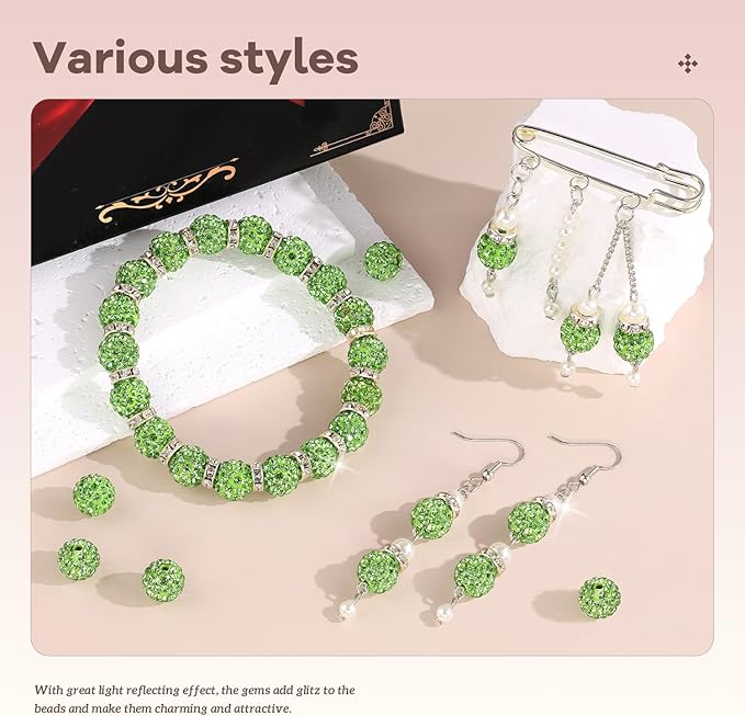 105pcs 10mm Rhinestone Beads for Jewelry Making, Light Green Shiny Round Disco Ball Beads Bulk, Sparkle Crystal Clay Christmas for Bracelet Baseball Necklace Earring Crafting and DIY
