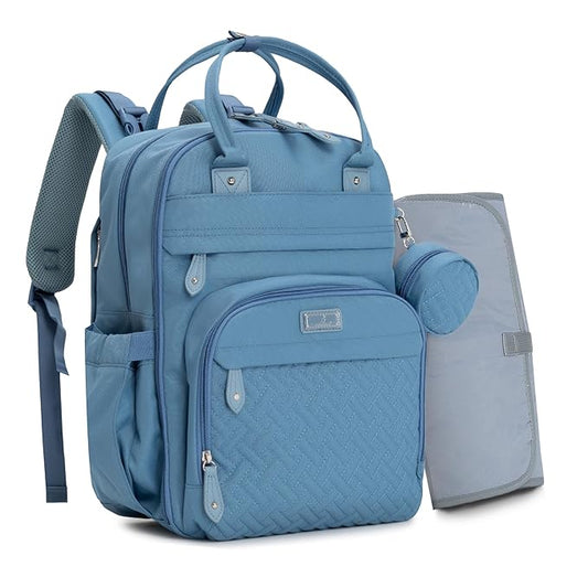 BabbleRoo Diaper Bag Backpack - Baby Essentials Travel Tote - Multi function Waterproof Diaper Bag, Travel Essentials Baby Bag with Changing Pad, Stroller Straps & Pacifier Case - Unisex, Light Blue