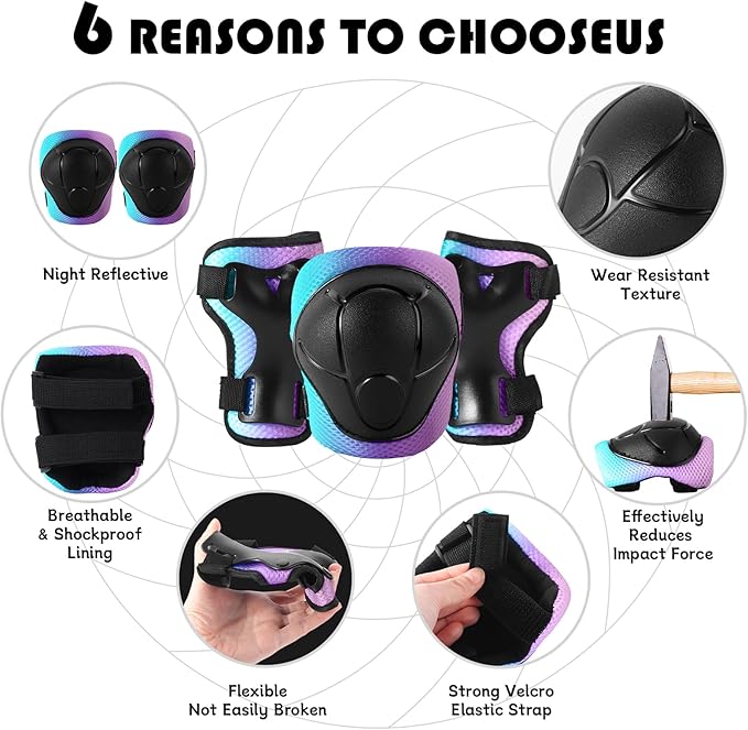 Adjustable Kids Bike Helmet with Knee & Elbow Pads Set, Color Gradient Design for Boys and Girls Aged 3-14+, for Skateboarding, Scooter, Roller & Inline Skating, Longboard