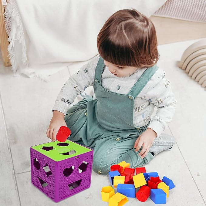 Shape Sorter Toy, Toddler and Baby Stem Sorting and Matching Activity Cube, 18 Blocks Colorful Sorter Box, My First Baby Toys Gift for Boys & Girls