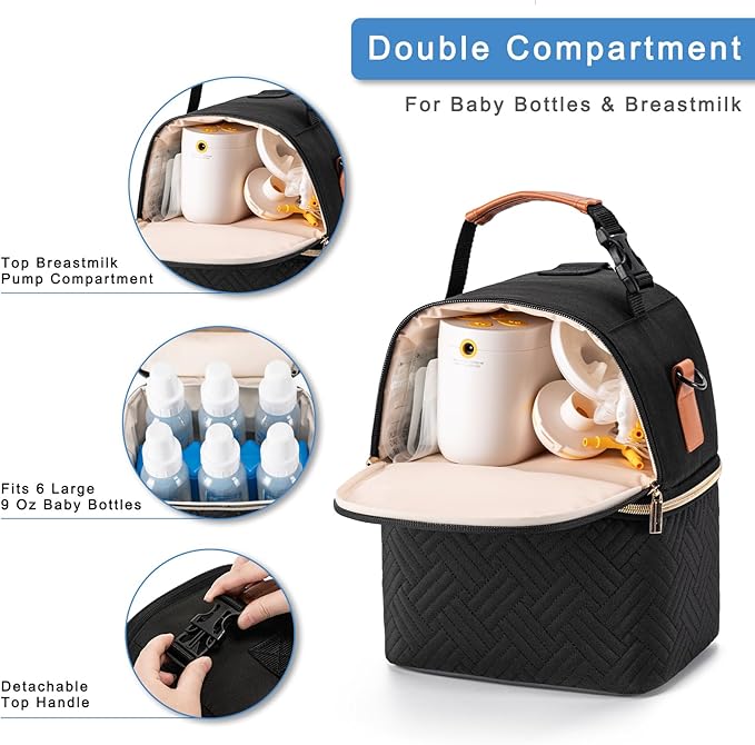 Breastmilk Cooler Bag with Ice Pack & Mat Fit 6 Bottles Up to 9 Ounce, Baby Bottle Cooler Bag for Moms, Daycare & Travel, Black