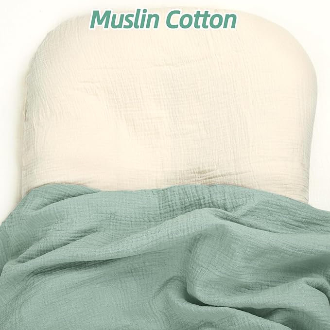 Hooyax Baby Lounger Cover 2 Pack - 100% Muslin Cotton Newborn Lounger Pillow Covers Only, Soft Breathable Infant Lounger Cover with Reinforced Stitching, Fits Most Standard Baby Loungers (Green Wheat)