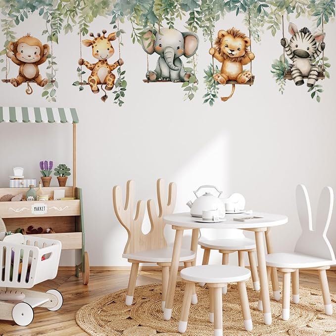 Jungle Animal Wall Decals,Jungle Animals Monkey Elephants, Lions, Zebras, Giraffes Vine Leaves Wall Stickers,Zoo Sticker for Kids Baby Boys Room Nursery Bedroom Playroom Home Decoration.