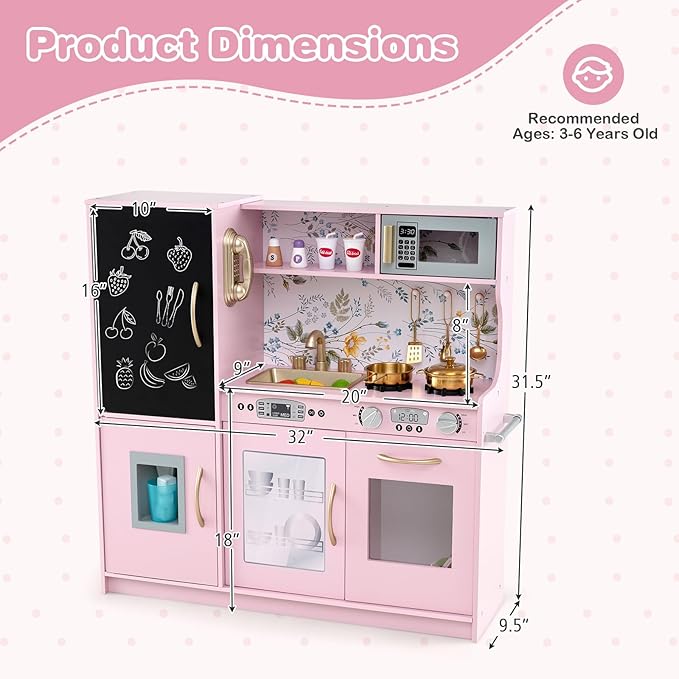 HONEY JOY Kids Kitchen Playset, Wooden Little Chef Pretend Toy Kitchen Set w/Chalkboard, Telephone, Utensils, Oven, Microwave, Sink, Storage, Play Kitchen for Toddlers Boys Girls, Pink Flower