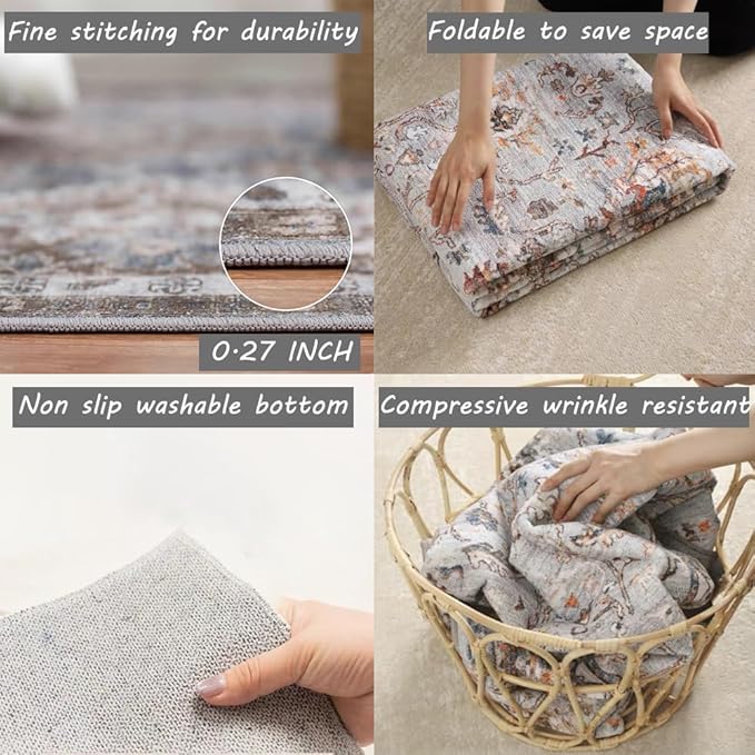 5x7 Washable Area Rug Vintage Brown Traditional Floor Cover Foldable Thin Rug Kitchen Accent Rug Indoor Distressed Non Slip Carpet Floral Print Mat Bedroom Living Room Bathroom