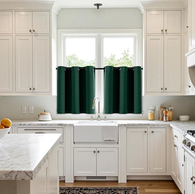 MIULEE Short Curtains for Windows - Christmas Hunter Green Blackout Half Window Curtains Thermal Insulated Drapes for Kitchen Bedroom Bathroom Grommet Top Small Basement Tiers W40 x L36 Inch 2 Panels