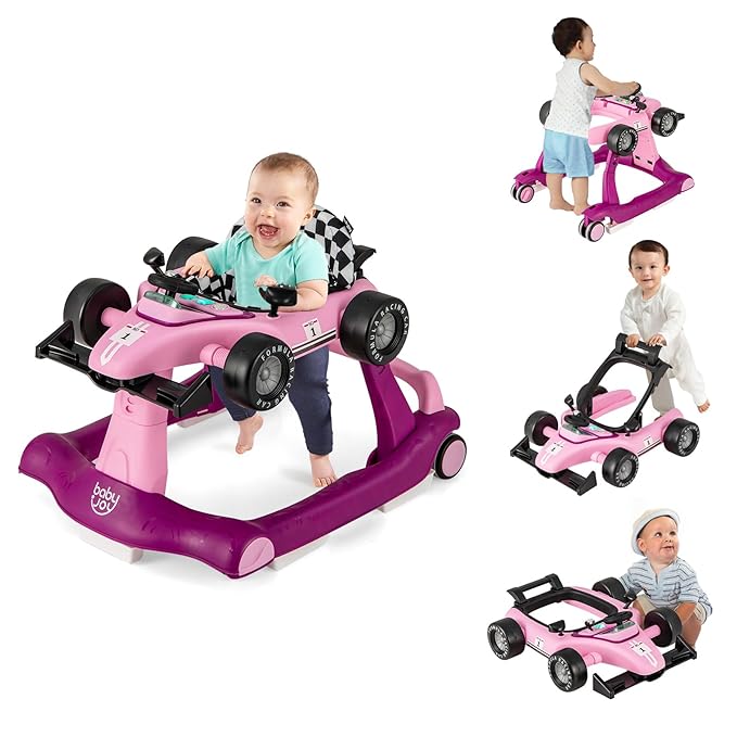 BABY JOY 4-in-1 Baby Walker, Foldable Activity Walker with Adjustable Height & Speed, Music, Lights, Steering Wheel, Comfy Seat Cushion, Activity Baby Push Walker for Boys Girls Aged 6 –18 (Purple)