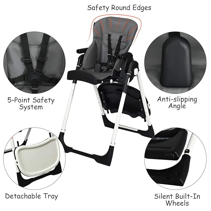 INFANS High Chair for Babies & Toddlers, Foldable Highchair with Multiple Adjustable Backrest, Footrest and Seat Height, Removable Tray, Detachable PU Leather Cushion, Built-in Rear Wheels (Dark Grey)