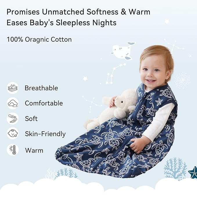 Baby Sleep Sack 6-12 Months 0.5 Tog Wearable Blanket Baby, 3 Pack 100% Cotton Lightweight Sleeping Sack with 2-Way Zipper for Newborn Infant Shark