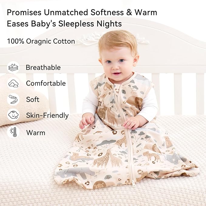Baby Sleep Sack 6-12 Months 0.5 Tog Wearable Blanket Baby, 3 Pack 100% Cotton Lightweight Sleeping Sack with 2-Way Zipper for Newborn Infant Apricot Gray Green Elephant