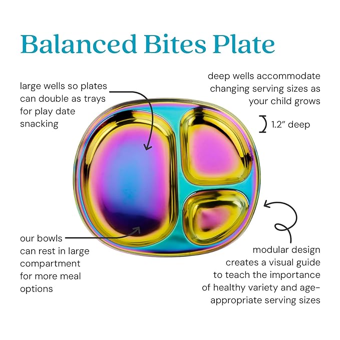 Ahimsa Stainless Steel Plates for Kids - Divided Plates for Toddlers, Pediatrician Designed, Non Toxic Toddler Plate, BPA Free & Dishwasher Safe (Rainbow Set of 4)