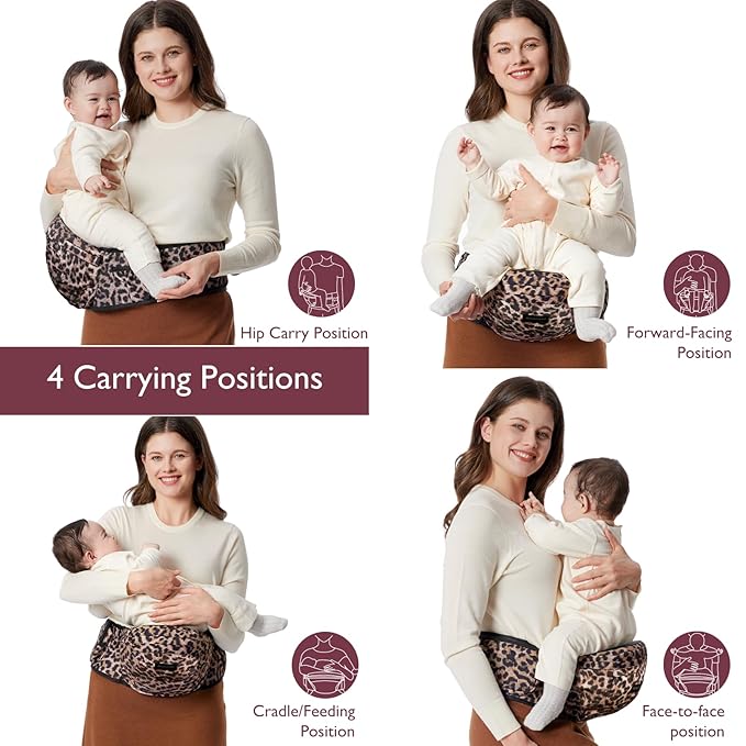 Momcozy Hip Seat Baby Carrier - Adjustable Waistband with Original 3D Belly Protector, Ergonomic Carrier with Various Pockets for Newborns & Toddlers up to 45lbs (Leopard, Large)