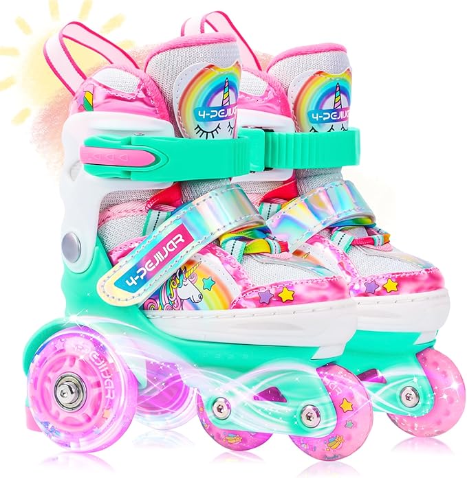 4-Pejiijar Rainbow Unicorn Kids Roller Skates for Girls Toddler Ages 2-4 5-8 8-12,Adjustable Roller Shoes with Luminous Wheels for Birthday Xmas Gifts