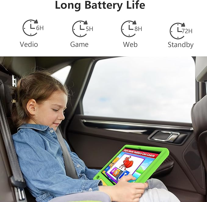 JREN Kids Table 10.1" ｜Android 14 Tablet for Kids｜64GB Storage｜Octa-Core｜WiFi ｜Cameras｜Parental Control｜Kids Content｜Case Included Great Gift for Children Ages 3-12 Years Old Green