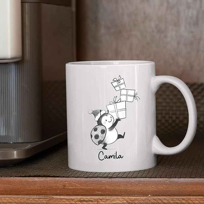 Ladybug Accent Ceramic Teacup, Personalized Ladybug Lover Coffee Mug Gift For Family Friends Besties Sibling, Cute Ladybugs Coffee Cup 11 15Oz, Customized Name Ladybugs White Coffee Cup For Birthday