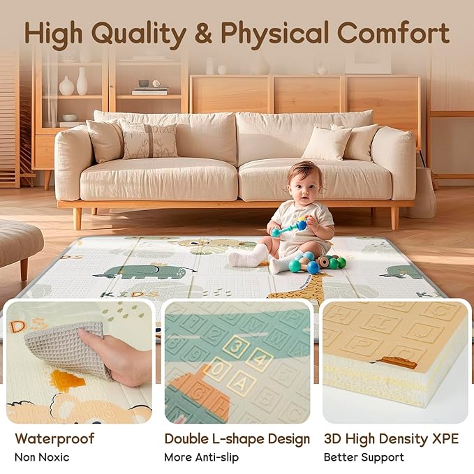 Foldable Baby Play Mat, Waterproof Playmats for Babies and Toddlers Kids, Safe Foam Playmat for Tummy Time, 50x50 Playpen Mat, Reversible Portable Baby Floor Mat for Infant, Toddler, Giraffe