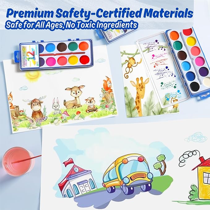 12 Packs Watercolor Paint Set Bulk, 12 Vibrant Colors Washable Watercolors with Brushes for Kids, Art Activities Painting Supplies for School Classroom Home