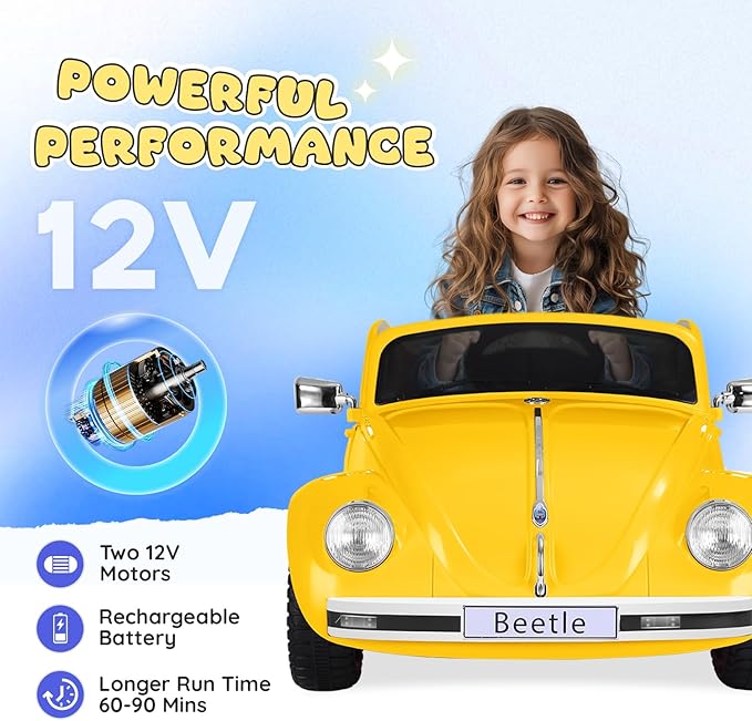 12V Kids Electric Car, Power Wheels with Remote Control, Ride on Car Toys with LED Light, 3 Speeds, Music, Yellow