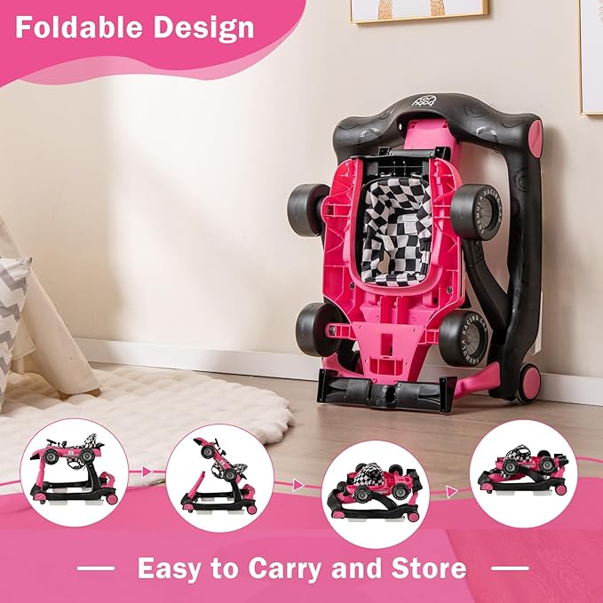 BABY JOY 4-in-1 Baby Walker, Foldable Activity Walker with Adjustable Height & Speed, Music, Lights, Steering Wheel, Comfy Seat Cushion, Activity Baby Push Walker for Boys Girls Aged 6 –18 (Pink)