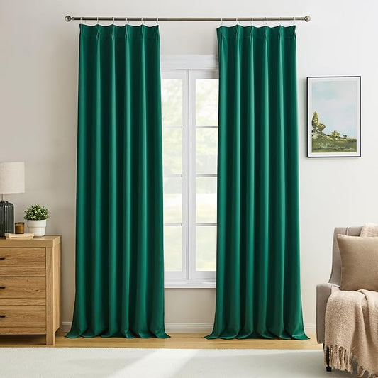 KEQIAOSUOCAI Dark Emerald/Hunter Green Curtains with Pinch Pleat 2 Panels Set,96 Inches Long 8 Ft Floor to Ceiling Length, Thermal Insulated Privacy Drapes/Draperies for Living Room Bedroom