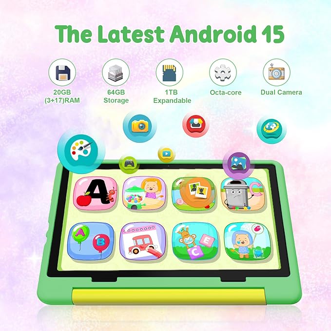 Kids Tablet,Android 15 Tablet with HD Display,10.1 inch,Parental Control & Kids Mode, Octa-Core, GMS Certified,20GB RAM 64GB ROM,1TB Expandable, 5000mAh Battery, Dual Camera, Protective Case,Green