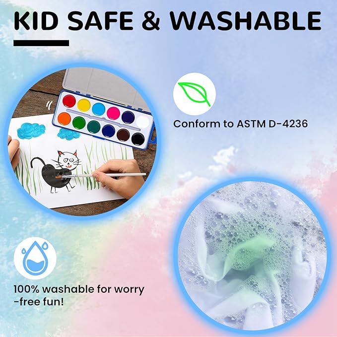 12 Color Watercolor Paint for Kids, 12 Pack Washable Water Color, Classroom Set, Woodbrushes Included