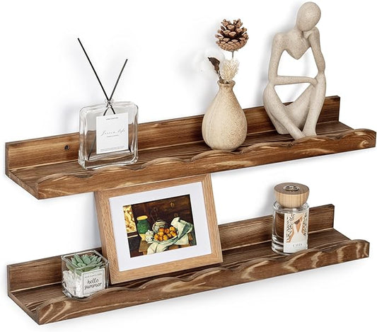 Fun Memories Picture Ledge Shelf for Wall, 24 inch Pine Wood Nursery Book Shelves Set of 2- Wall Book Shelves for Kids Room, Home Decor - Kitchen Spice-Carbonized