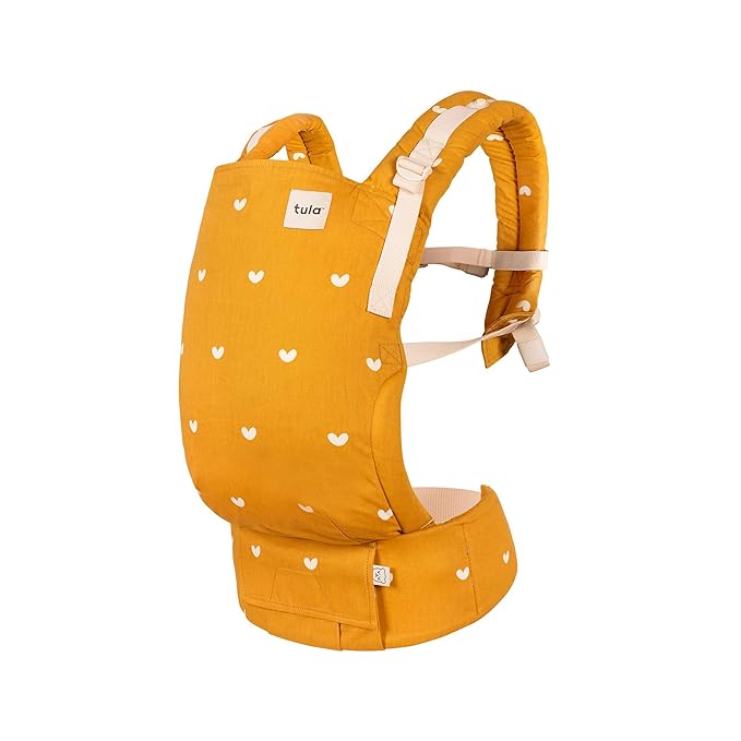 Baby Tula Cotton Free-to-Grow Baby Carrier - Adjustable, Comfortable, Newborn to Toddler Carrier - Ergonomic Fit for 7lbs to 45lbs - Back & Front Carry Options - Play (Yellow/Hearts)