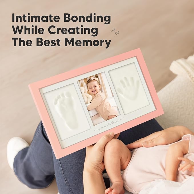 Baby Hand and Footprint Kit - Clay Handprint Keepsake Frame, Newborn Nursery Picture Frame, Personalized New Mom Gifts for Baby Shower & Registry (Sweet Pink)