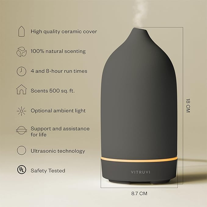 Vitruvi Stone Ceramic Ultrasonic Essential Oil Diffuser for Aromatherapy | Home Decor, 90ml Capacity
