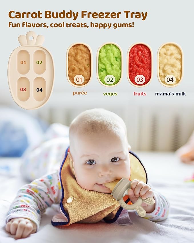 2 Packs Baby Fruit Feeder & Freezer Nibble Tray Combo, Push Pop Baby Food Feeder to Safely Introduce New Foods, Fresh & Frozen Food Silicone Feeder, 100% Food Grade, BPA Free (Caramel & Pink)