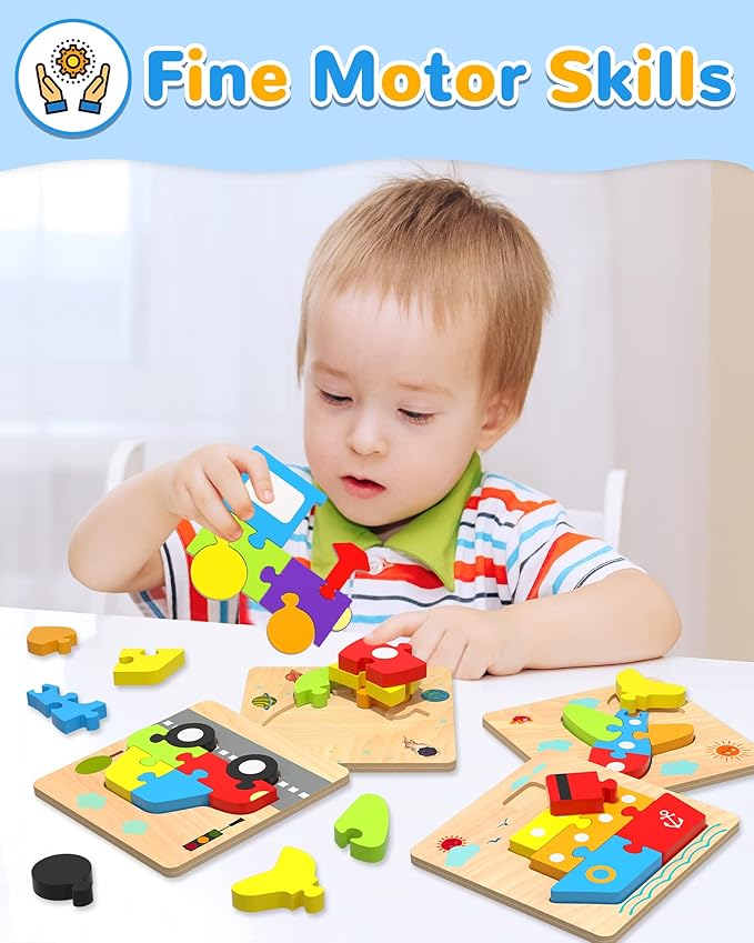 Yetonamr Wooden Toddler Puzzles Gifts Toys for 1 2 3 Years Old Boys Girls, 4 Vehicle Shape Montessori Toy Educational Blocks Kids Toys Gift Baby Learning Toy Age 1-3, 2-4