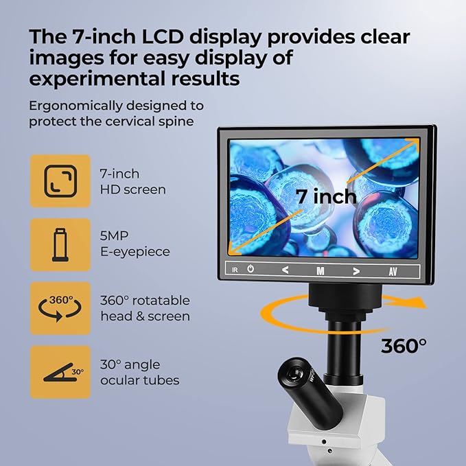 Constant Temperature Lab Monocular Compound Microscope 40X-2500X Magnification with 7" LCD Screen 5MP E-Eyepiece, Adjustable Thermostat Mechanical Stage for Husbandry, Pet Hospitals,Farms