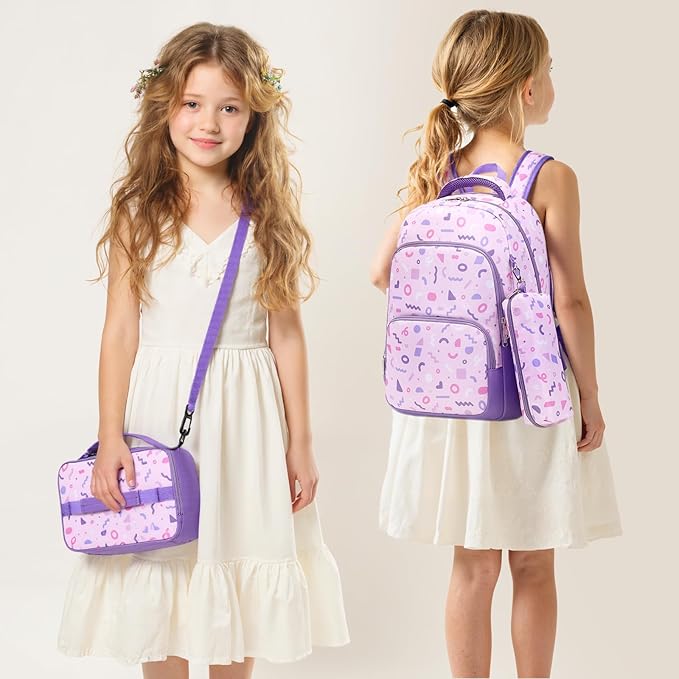 mygreen 3PCS Kids Backpack Set - Waterproof Bookbag with Lunch Box for Girls Ages 3-12, Adorable Cartoon Prints for School & Outdoor Use Pink Fairy Elf