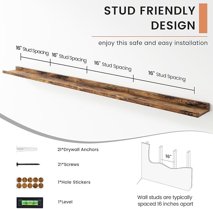 Floating Picture Ledge Shelves for Wall Set of 4, 72 Inch Wall Shelves with Lip Long Large Nursery Book Shelf for Toys Storage Kids Bookshelf Wall Mounted Living Room Bedroom Decor Frames