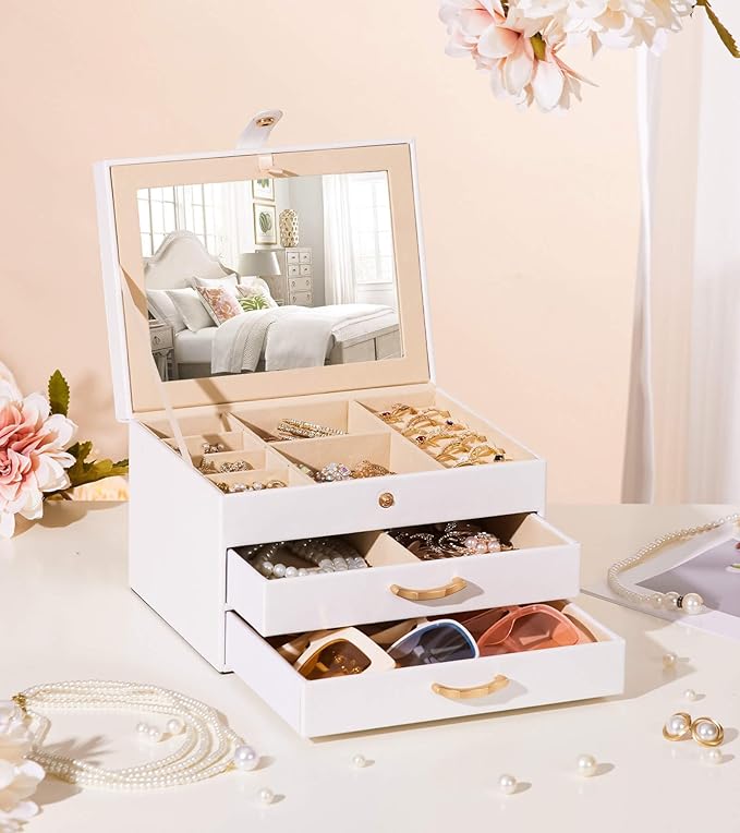 White Jewelry Box Organizer: Home Decor for Women - 2-Drawer Holder for Valentine’s Day Birthday Christmas White Grey-Blue