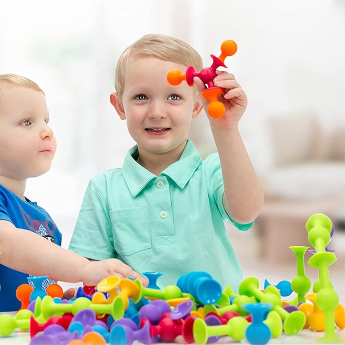 48 Piece Suction Cup Toys Construction Set, Silicone Building Blocks DIY Blocks - Sucker Toy are Fun Bath Toys, Fidget Toys for Toddlers 1-3 Old Boys and Girls