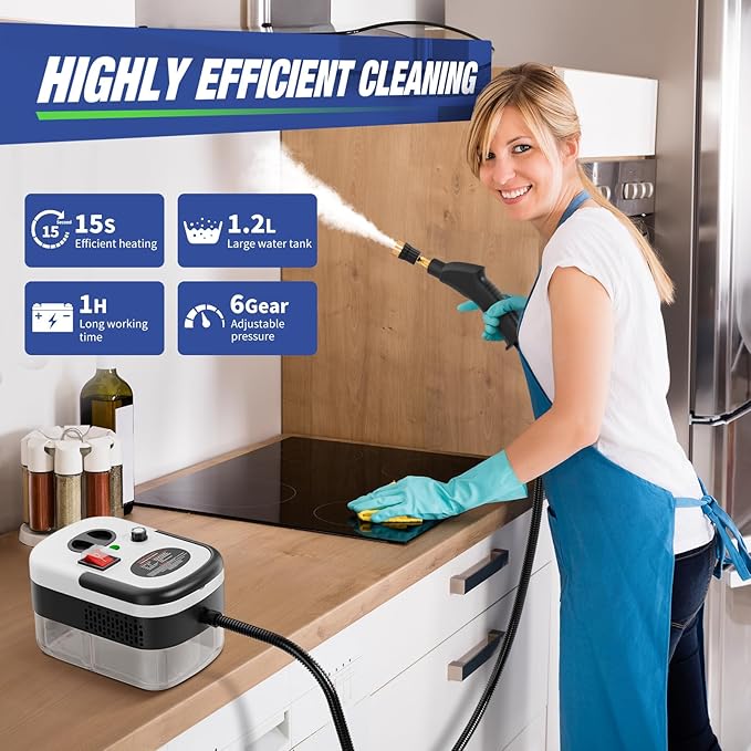 TOTTE Handheld Pressurized Steam Cleaner, 2500W Pressure Portable Cleaner with 3 Brush, 6-gears adjustable for Home Use, Floor, Kitchen,Bathroom, Car (White)