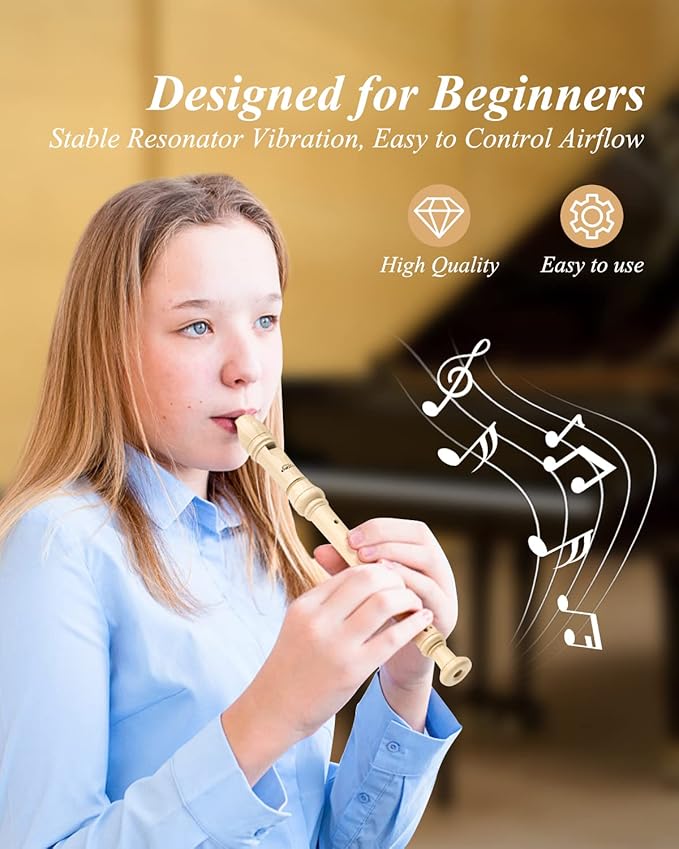 Eastar Soprano Recorder Instrument for Kids Beginners, German Fingering C Key with Cleaning Kit, Thumb Rest, Cotton Bag, Fingering Chart, ERS-21GN, Natural, School-Approved