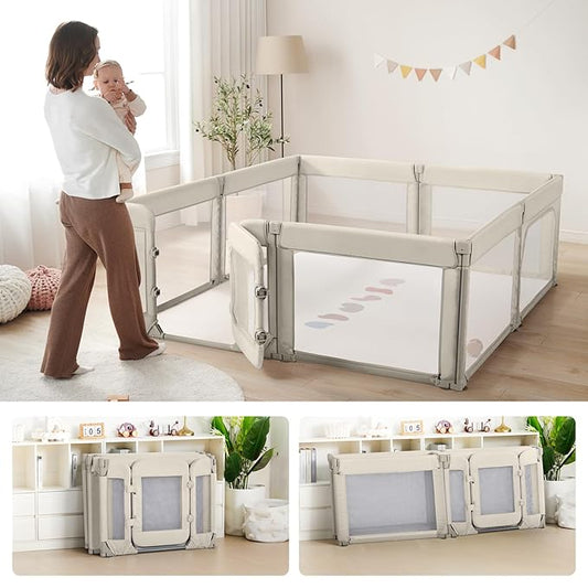 Baby Playpen,Large Play Pen for Babies and Toddlers with Door 79x71 Inch, Adjustable Playpen Non-Slip Suction Cups Base Safe and Sturdy, Indoor Outdoor Playard,Black
