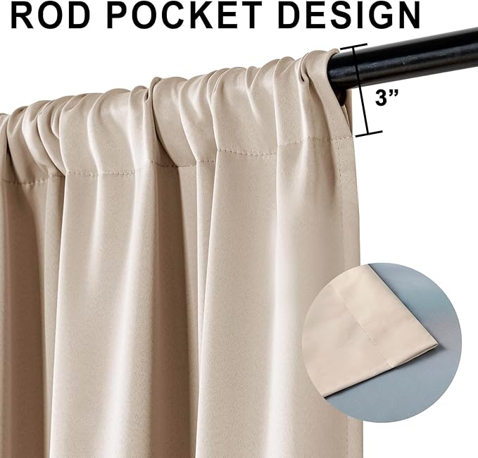 XWZO 100% Blackout Curtain Panels Rod Pocket Thermal Insulated Black Liner, Noise Reducing and Heat Blocking Drapes for Bedroom Windows with Tiebacks, Biscotti Beige, W60 x L84, Set of 2 Panels