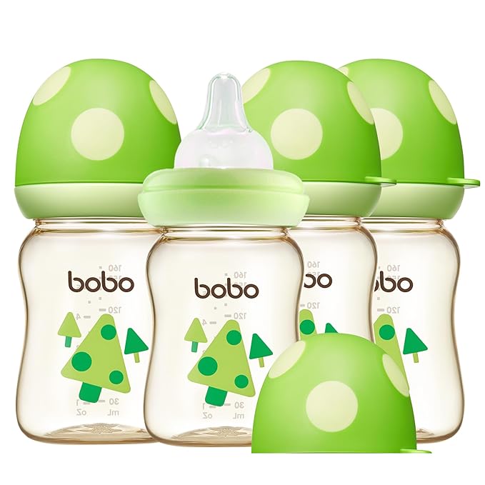 YOHKOH PPSU Baby Bottle Wide Neck, Newborn Anti-Colic Baby Bottle with Natural Response Nipple, Streamlined Body, Easy to Clean (5.4oz (Pack of 4), Green)