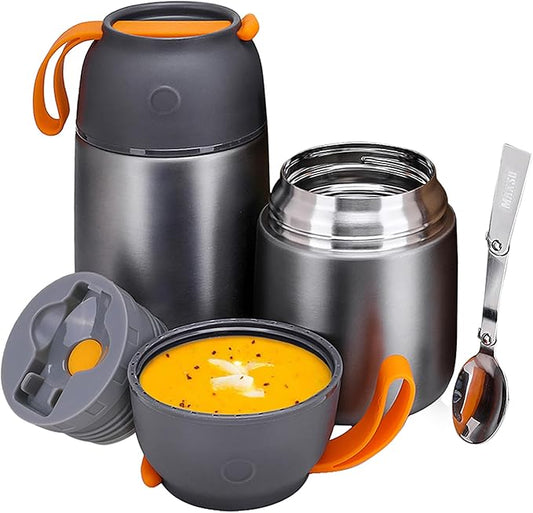 Insulated Thermo Food Jar for Hot & Cold Food for Kids Adult, 17&24 oz Soup Thermal Hot Food Containers for Lunch, Triple Layer Insulation Stainless Steel Food Jar with Spoon (2 Pack Grey)