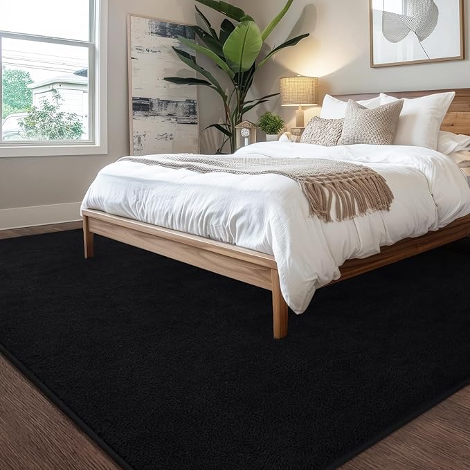 Kimicole 7x10 Washable Area Rugs for Living Room Bedroom, Large Low Pile Ulta-Thin Solid Color Rug, Non-Slip Soft Fluffy Carpet for Nursery Kids Room Dorm Room Home Decor (Black)