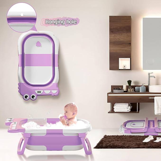 TPN Collapsible Baby Bathtub, Baby Bath Tub with Soft Cushion & Real-Time Thermometer, Baby Bathtub Infant to Toddler Tub (0-36 Months), Portable Newborn Travel Bath tub