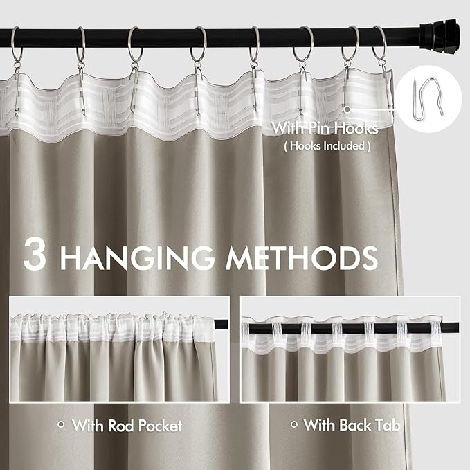 MIULEE Stone Back Tab Blackout Curtains 108 Inch Long 2 Panels Set for Bedroom, Rod Pocket/Pinch Pleat Extra Long Thermal Insulated Living Room Darkening Pleated Light Blocking Drapes