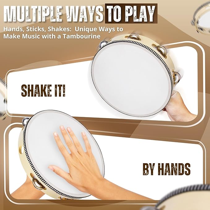 Flexzion Wood Handheld Tambourines - 8 and 6 Inch Set of 2 Pack, with Single Row Metal Jingle Bell (Wood) Hand Held Tambourine Percussion Drum Moon Musical Instrument