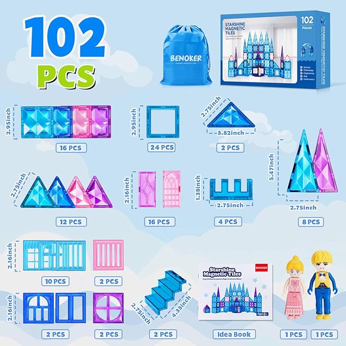 102PCS Ice Castle Magnetic Tiles, 3D Building Blocks STEM Educational Kids Toys for Pretend Play, 3 4 5 6 7 8 Year Old Birthday Gifts for Boys and Girls, Preschool Learning Toys for Birthday