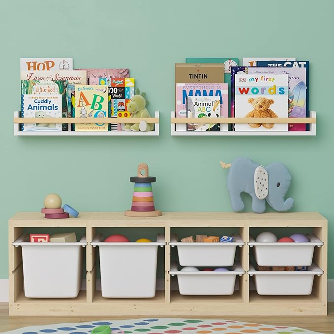 Wallniture Florida 24 inch Wall Bookshelf for Kids Room, Floating Shelves Nursery Decor, Wood White Wall Shelf Set of 2, Kitchen, Bathroom Decor (24'')
